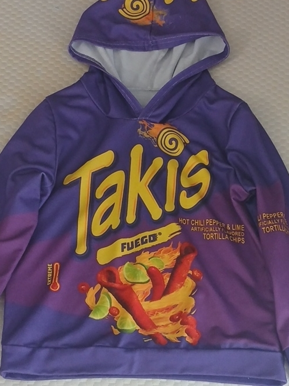 Takis Fuego Purple Kids Hoodie Top - Branded Graphic Pullover Size 7/8